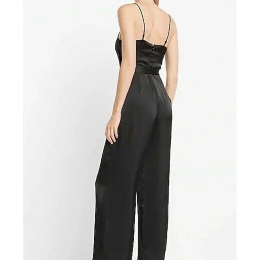 Express Black Satin‎ Cowl Neck Wide Leg Tie Waist Spaghetti Strap Jumpsuit